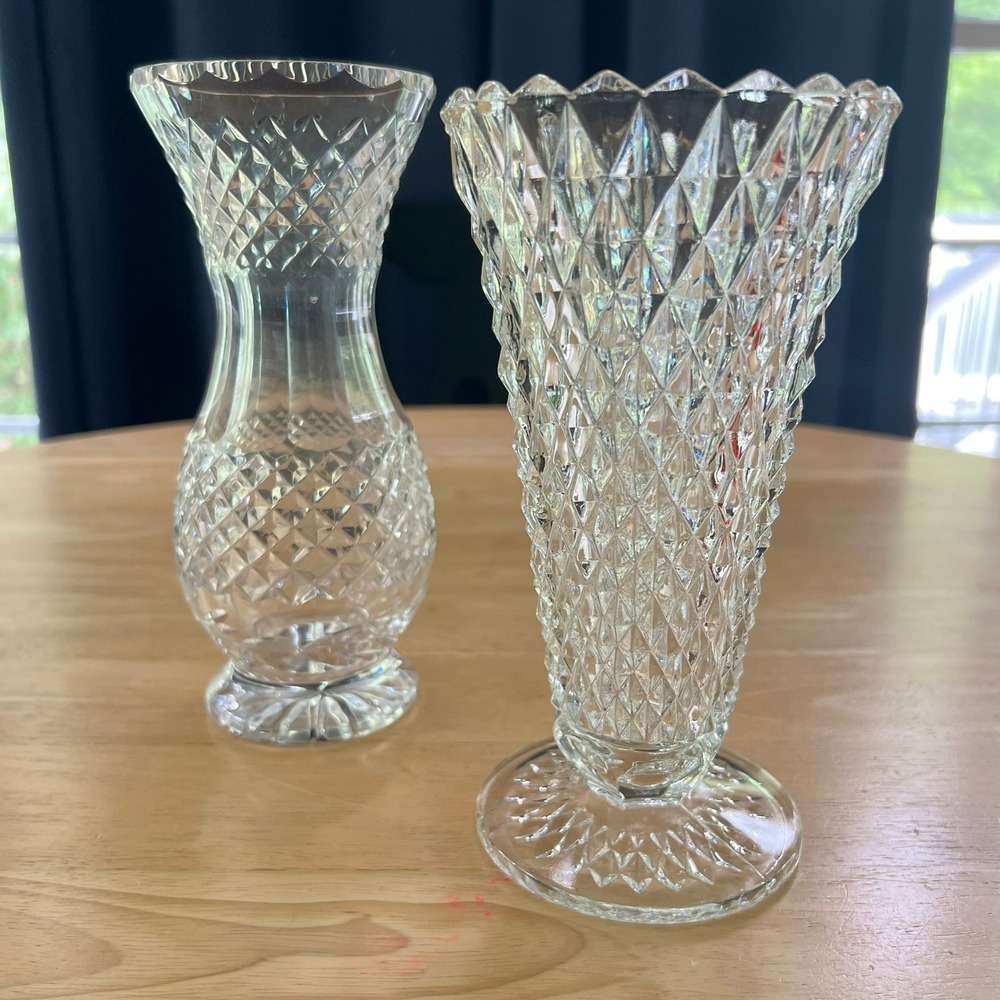 Vintage Clear Pressed Glass Vases Set of 2 Diamond Point Pedestal Trumpet 8.25"